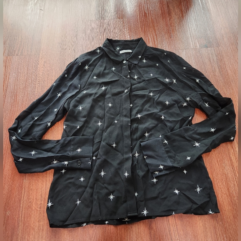 Reformation Star Button Down Black Top Sheer Blou… - image 2